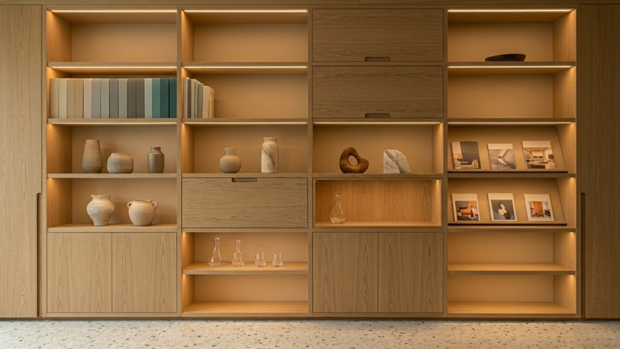 Bibliothèque murale · Rangements décoratifs réalisé sur mesure par MGA Agencement