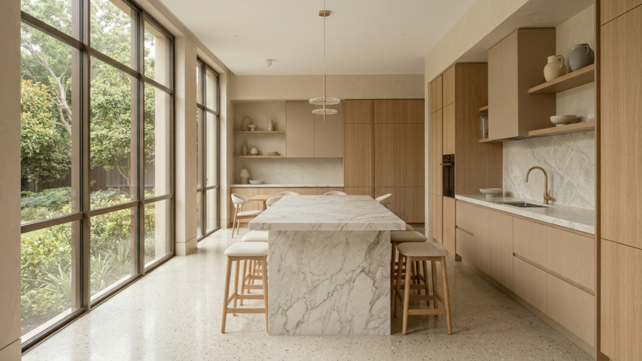 Espace cuisine intégré · Îlot marbre et bois clair réalisé sur mesure par MGA Agencement